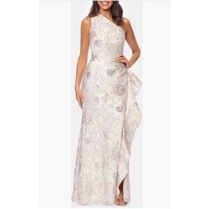 Xscape Evenings Metallic Floral One-Shoulder Sheath Gown Size 6